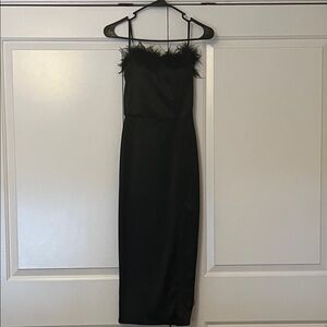 Black Feather-Trimmed Dress (Satin) - Windsor Store